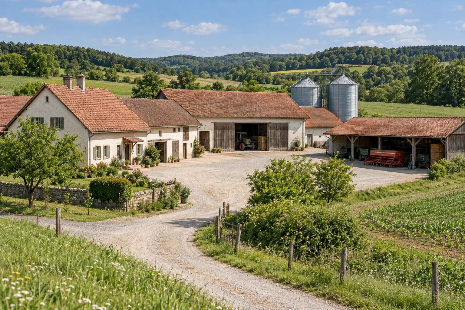 European farmstead with agricultural buildings, grain silos and cultivated fields