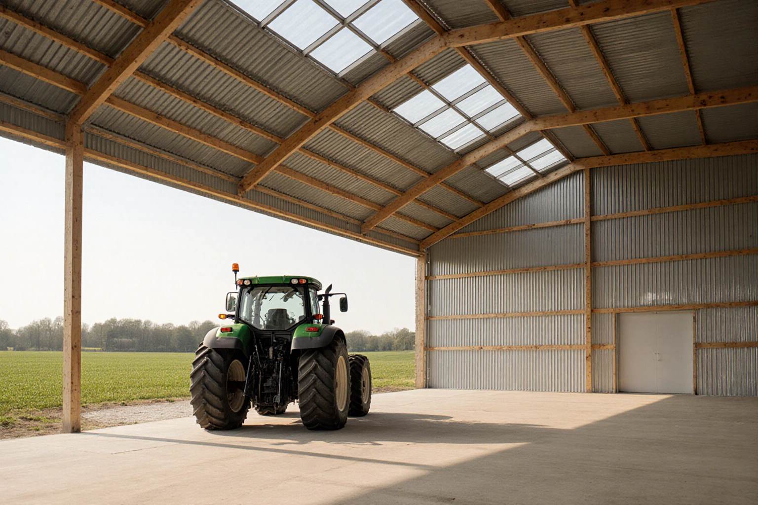 Bright agricultural machinery shed with a tractor and cultivated land outside
